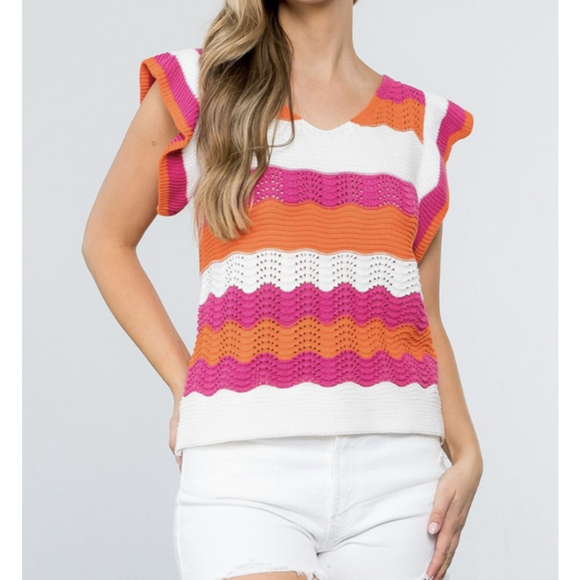 THML Tops - Women's THML Knit Top Size M White Orange Pink Striped Sleeveless